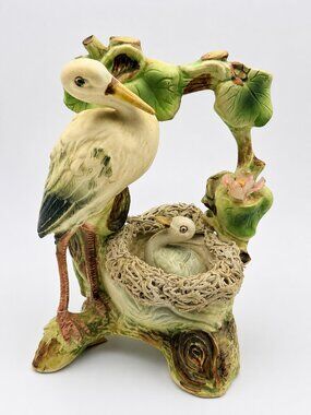 Vintage TILSO Japan Bird Nest Figurine Heron Chick Hand Painted